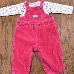 Vintage vtg Oshkosh baby girls pink corduroy overalls set farm onesie shirt top